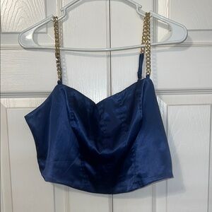 Elegant Blue Satin Chain Strap Top